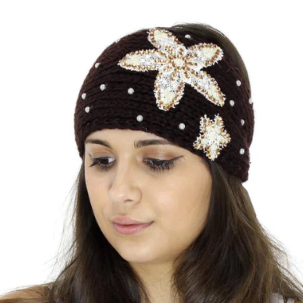 VERY MODA Black Knit Sequin Flower Embellished Headband One Size NWT